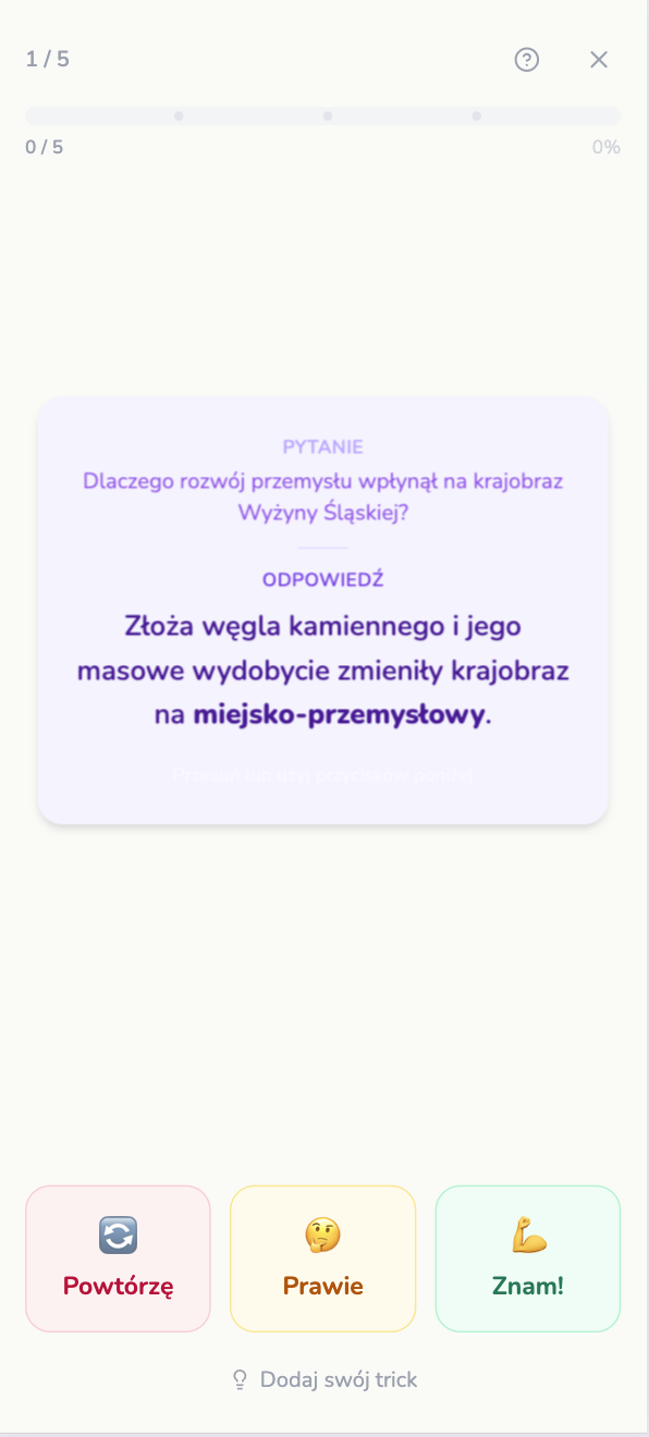 Dziecko sprawdza się samo — przesuwa fiszkę i ocenia, czy pamięta